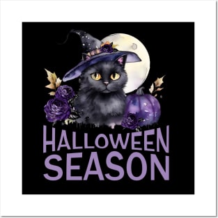 Cute black cat with full moon and Halloween season Posters and Art